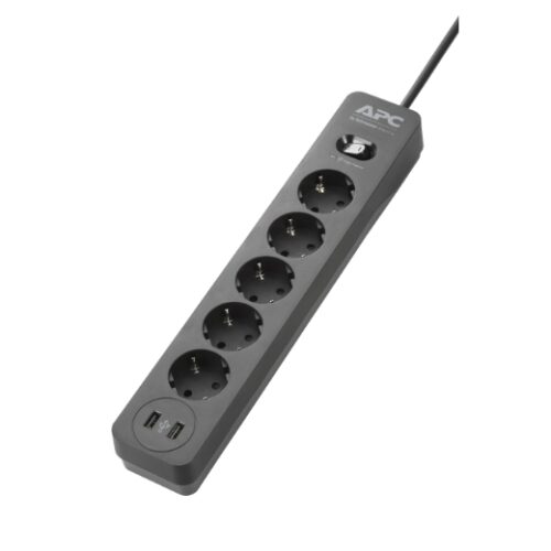 PC Essential Parafoudre 5 Outlet 2 USB Ports Black 230V  Schuko